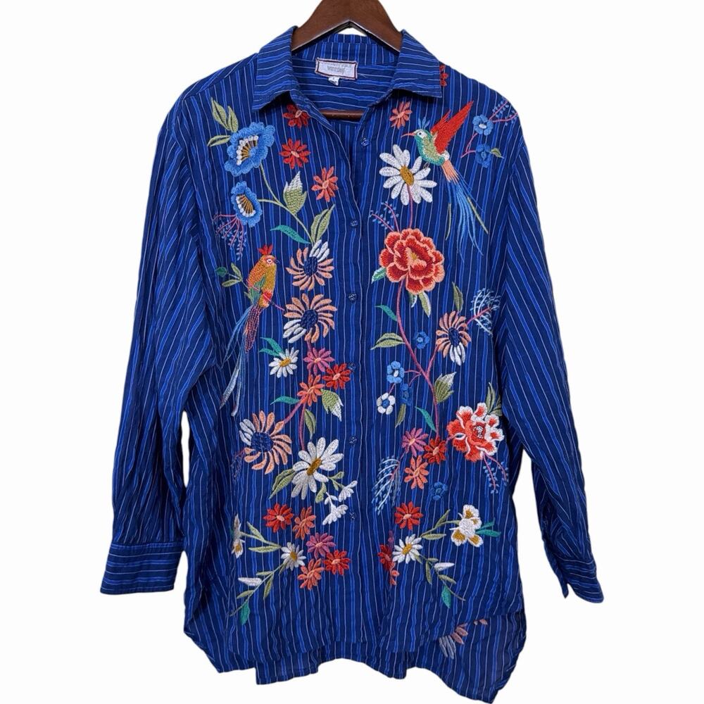 Johnny Was Marissa Relaxed Oversize Cotton Blend Embroidery Shirt Size S